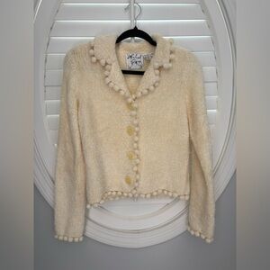 Vintage Michael Simon fuzzy cream Pom Pom cardigan sweater women’s small